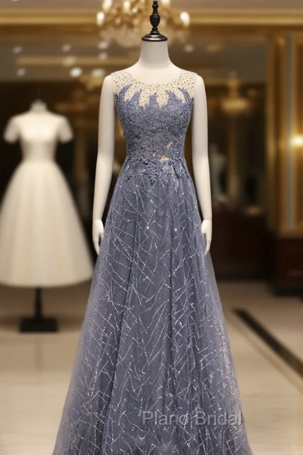 Gray Blue Tulle Sequins Appliques Beading Formal Prom Dresses