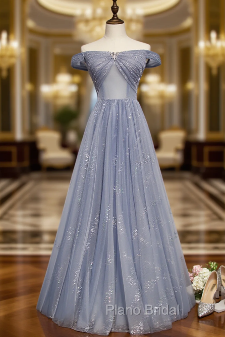 Gray Blue Tulle Sequins Off the Shoulder Beading Crystal Formal Prom Dresses Main image