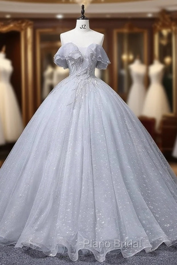 Gray Blue Tulle Sequins Off the Shoulder Beading Quinceanera Dresses Main image