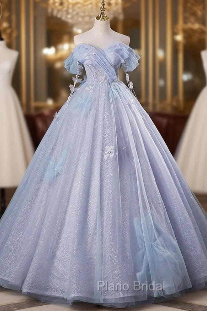 Gray Blue Tulle Sequins Off the Shoulder Quinceanera Dresses