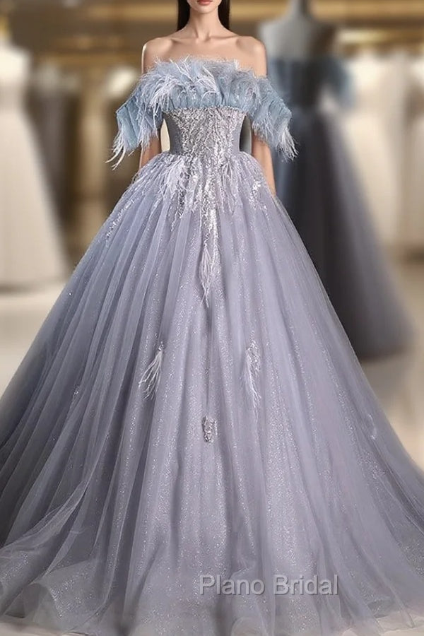 Gray Blue Tulle Sequins Strapless Feather Formal Prom Dresses Main image