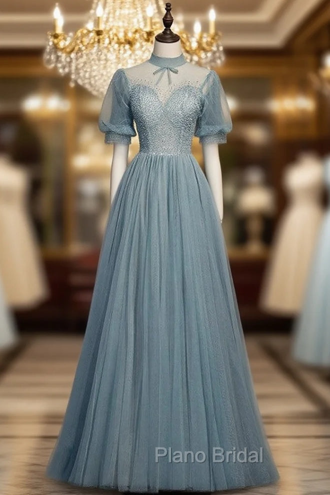 Gray Blue Tulle Short Sleeve High Neck Beading Formal Prom Dresses Main image