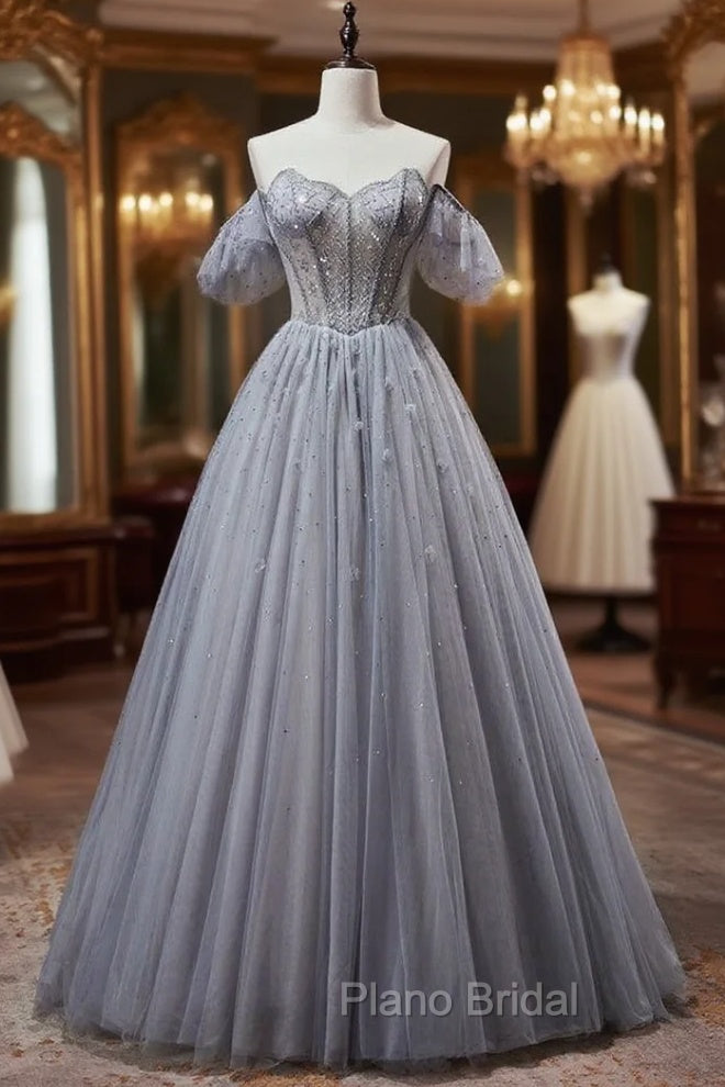 Gray Blue Tulle Strapless Beading Formal Prom Dresses Main image