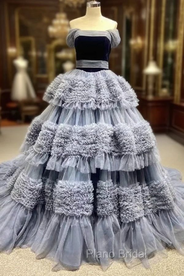 Gray Blue Tulle Straps Pleats Formal Prom Dresses Main image