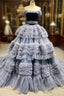 Gray Blue Tulle Straps Pleats Formal Prom Dresses