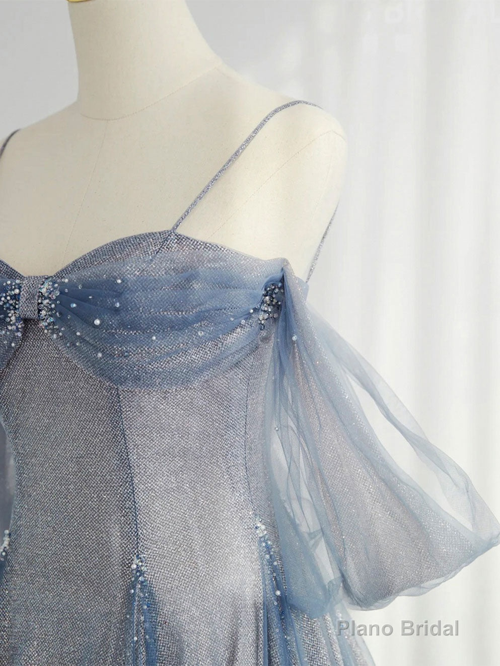 Gray Blue Tulle Tea Length Prom Dress, Blue A line Formal Dresses