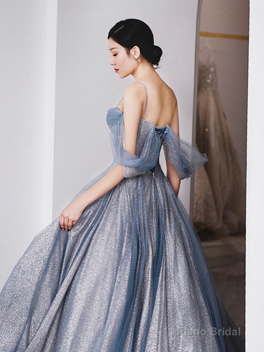 Gray Blue Tulle Tea Length Prom Dress, Blue A line Formal Dresses Main image
