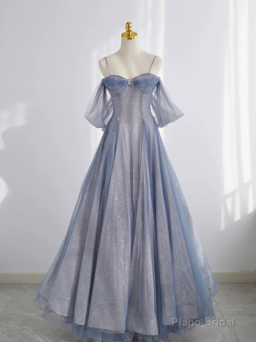 Gray Blue Tulle Tea Length Prom Dress, Blue A line Formal Dresses Secondary image