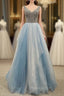 Gray Blue Tulle V-neck Backless Formal Prom Dresses With Beading