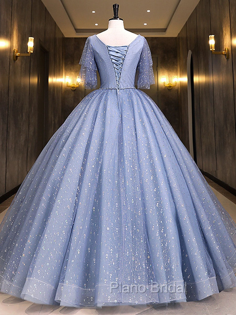 Gray Blue V Neck Tulle Long Formal Prom Dresses, Blue Long Sweet 16 Dresses