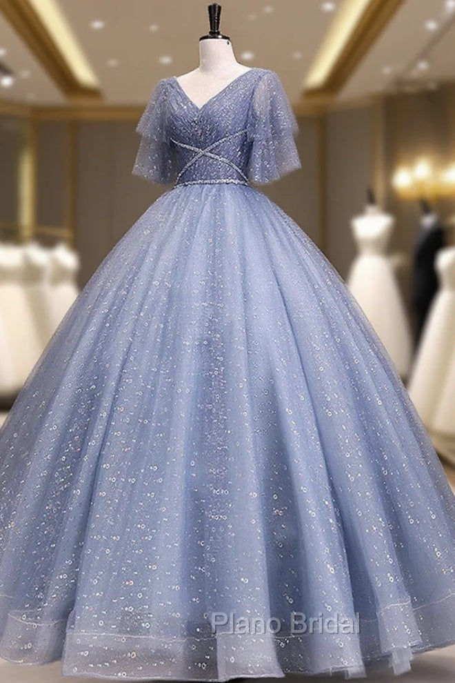 Gray Blue V Neck Tulle Long Formal Prom Dresses, Blue Long Sweet 16 Dresses