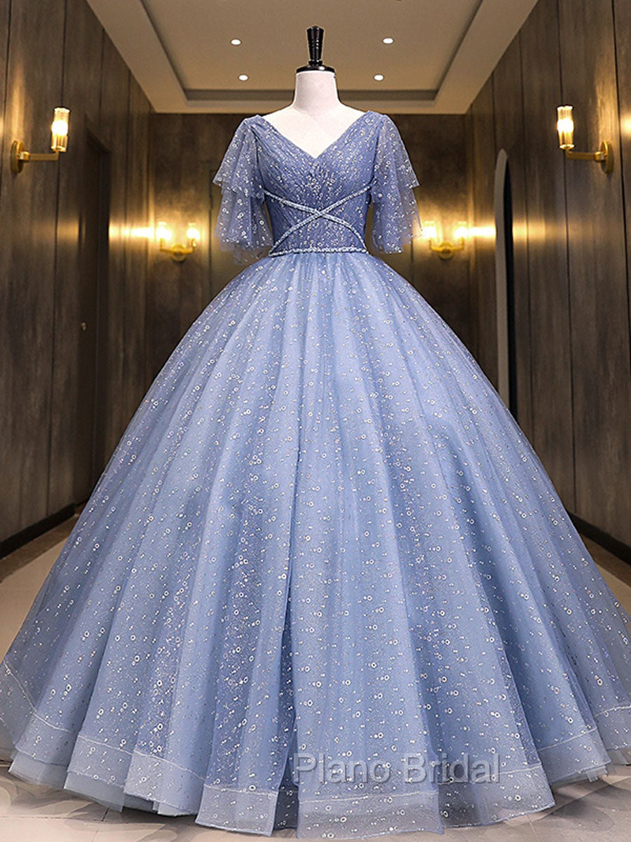 Gray Blue V Neck Tulle Long Formal Prom Dresses, Blue Long Sweet 16 Dresses