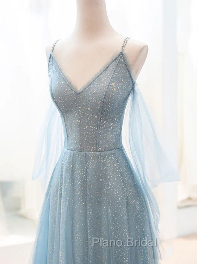 Gray Blue V Neck Tulle Sequin Long Formal Prom Dresses, Blue Evening Dresses