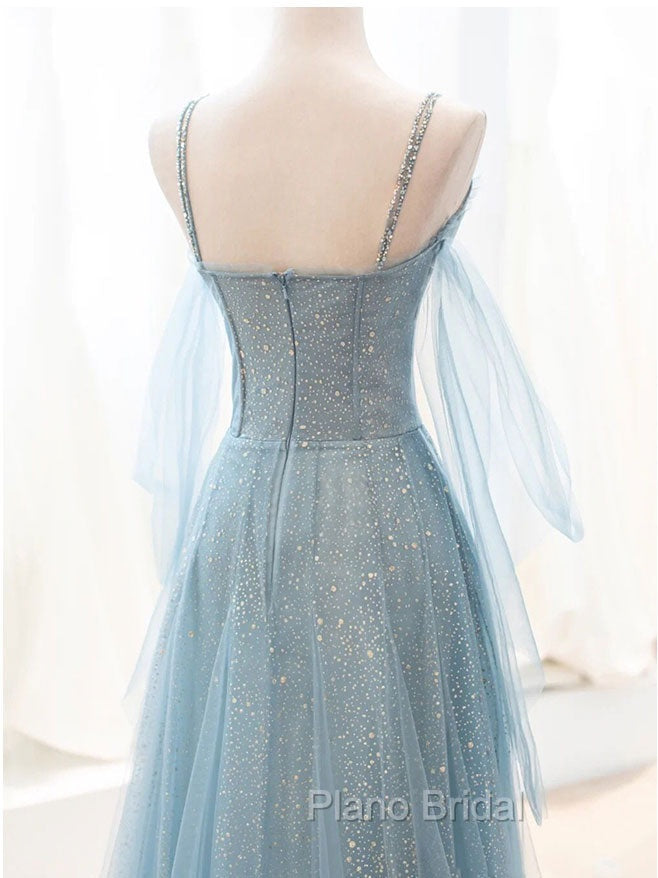 Gray Blue V Neck Tulle Sequin Long Formal Prom Dresses, Blue Evening Dresses