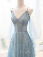 Gray Blue V Neck Tulle Sequin Long Formal Prom Dresses, Blue Evening Dresses