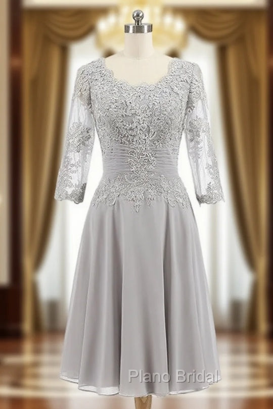 Gray Chiffon Appliques 3/4 Sleeve Knee Length Mother of The Bride Dresses Main image