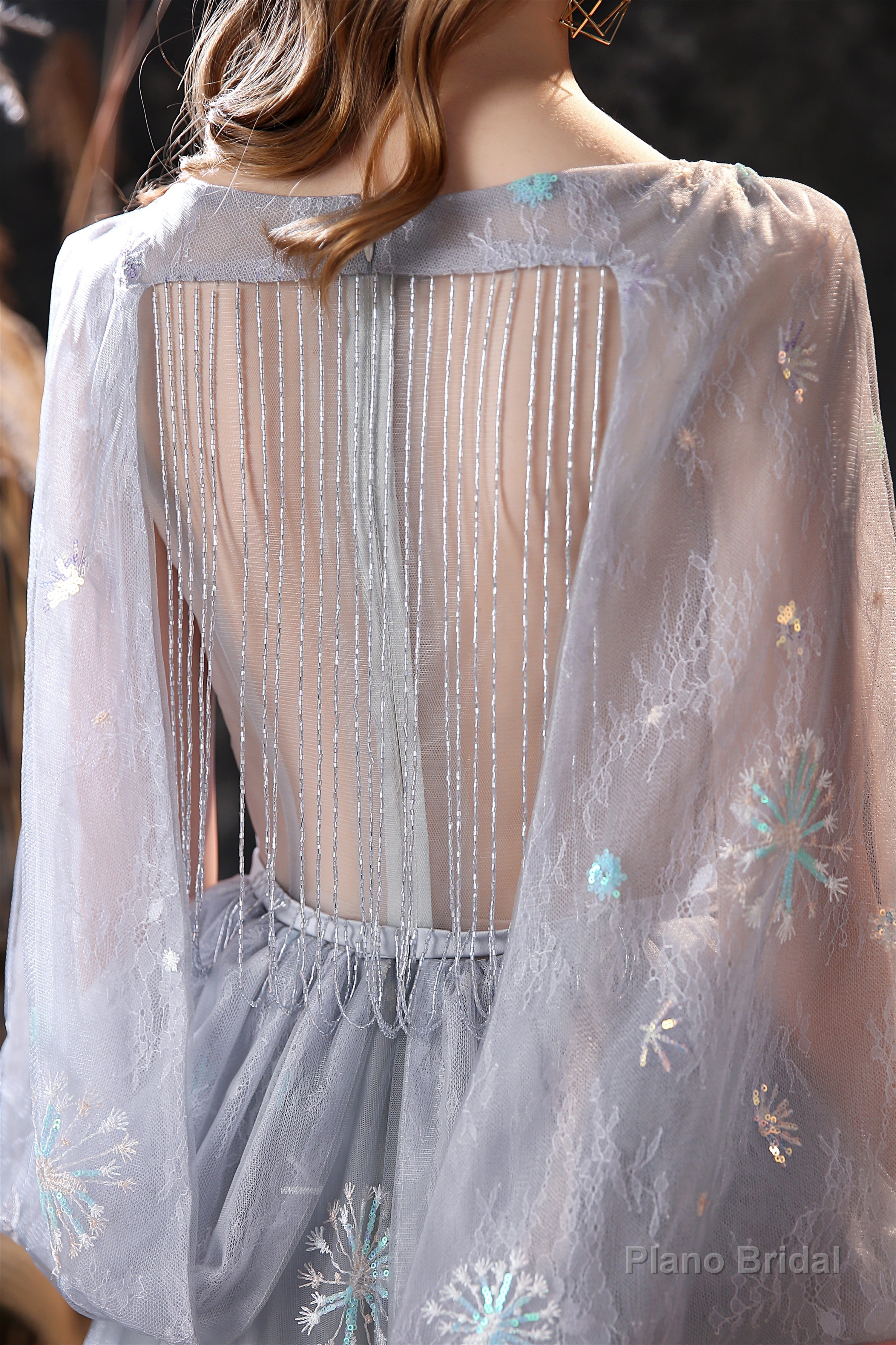 Gray Dandelion Lace V-neck Beading Back Prom Dresses