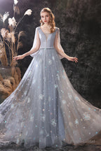 Gray Dandelion Lace V-neck Beading Back Prom Dresses