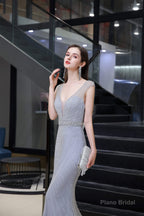 Deep V neck Backless Full of Bead Sequined Mermaid Long Prom Dresses