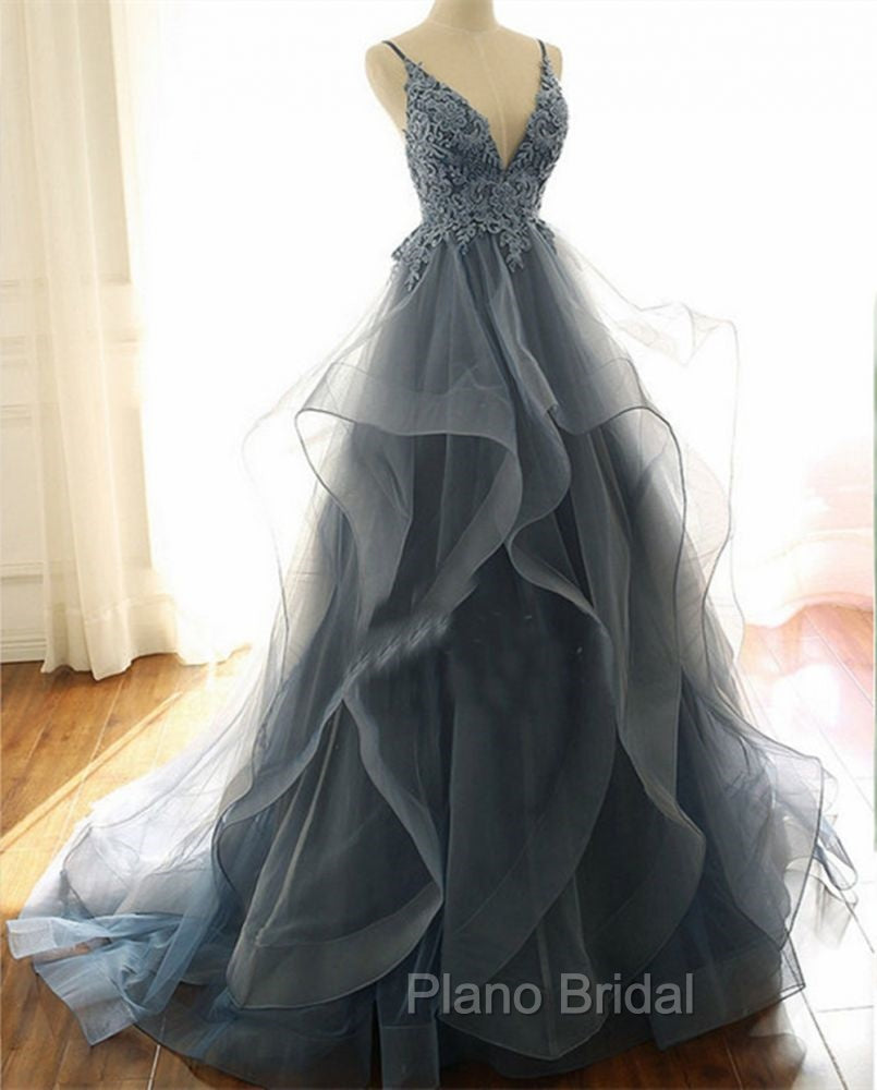 Gray Evening Dresses Tulle V-neck Ruffles Long Spaghetti Lace Beading Formal Prom Party Gowns Secondary image