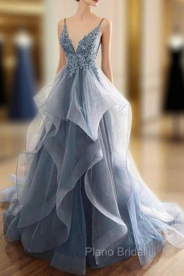 Gray Evening Dresses Tulle V-neck Ruffles Long Spaghetti Lace Beading Formal Prom Party Gowns Main image