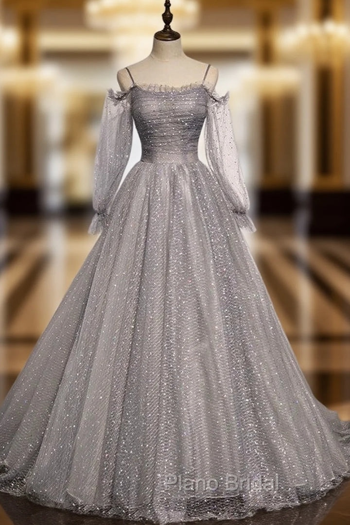 Gray Gray Long Sleeve Sequins Formal Prom Dresses