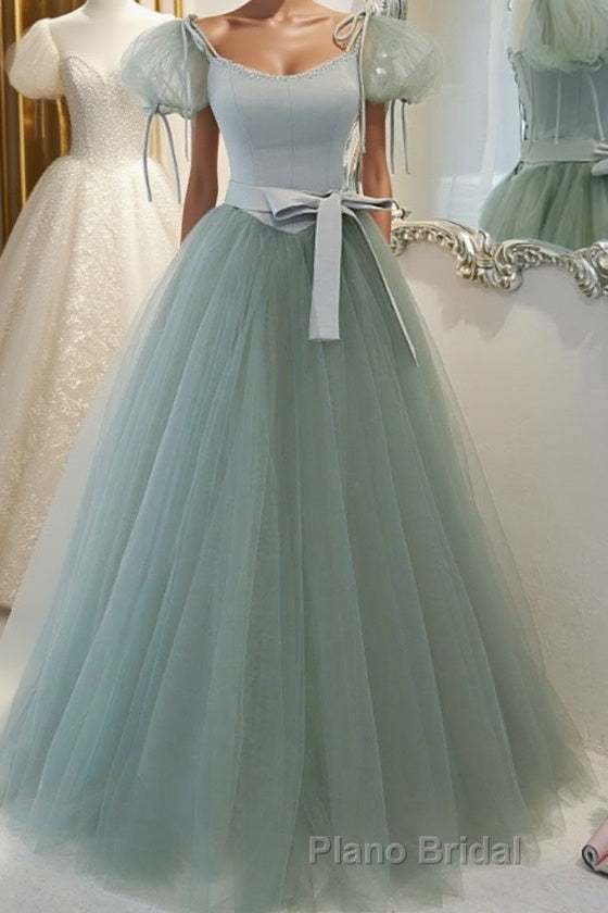 Gray Green A-Line Tulle Long Formal Prom Dress, Gray Green Formal Dress Main image