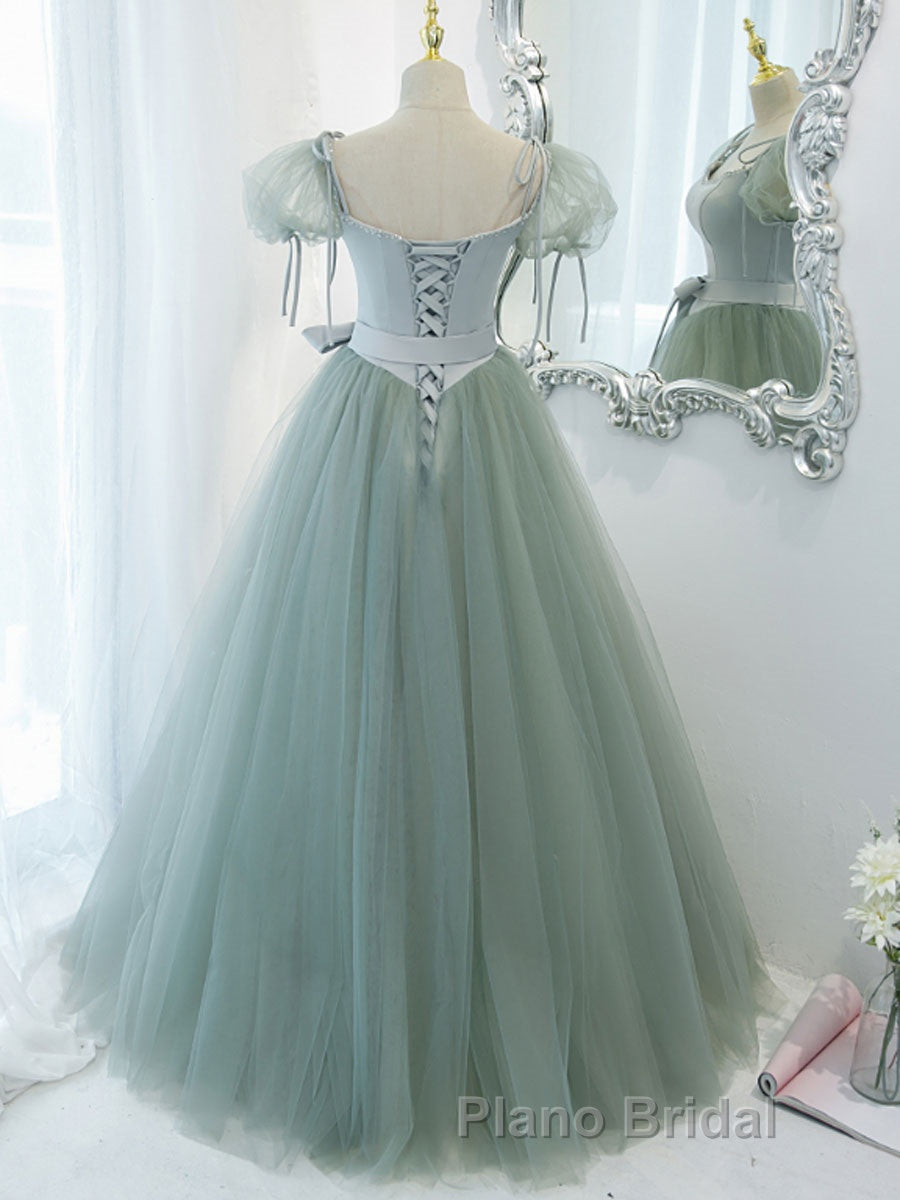 Gray Green A-Line Tulle Long Formal Prom Dress, Gray Green Formal Dress Secondary image