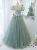 Gray Green A-Line Tulle Long Formal Prom Dress, Gray Green Formal Dress
