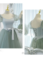 Gray Green A-Line Tulle Long Formal Prom Dress, Gray Green Formal Dress