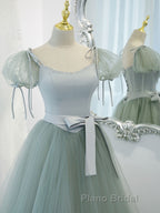 Gray Green A-Line Tulle Long Formal Prom Dress, Gray Green Formal Dress