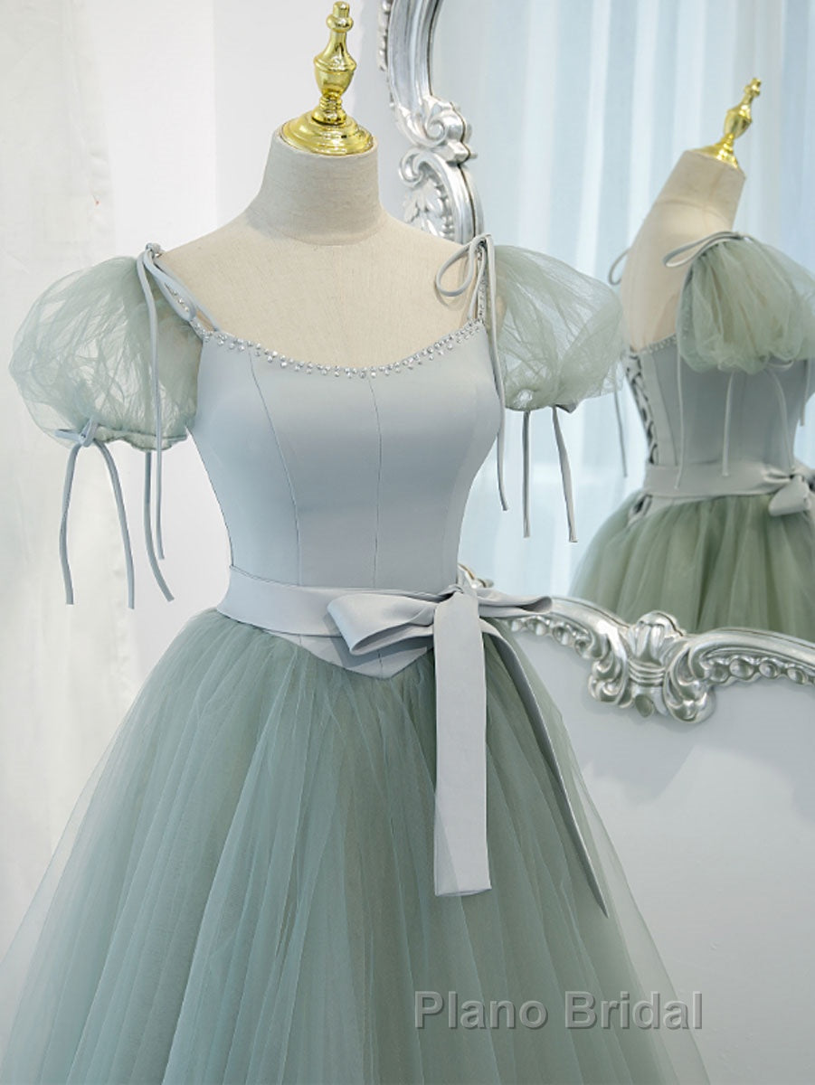 Gray Green A-Line Tulle Long Formal Prom Dress, Gray Green Formal Dress