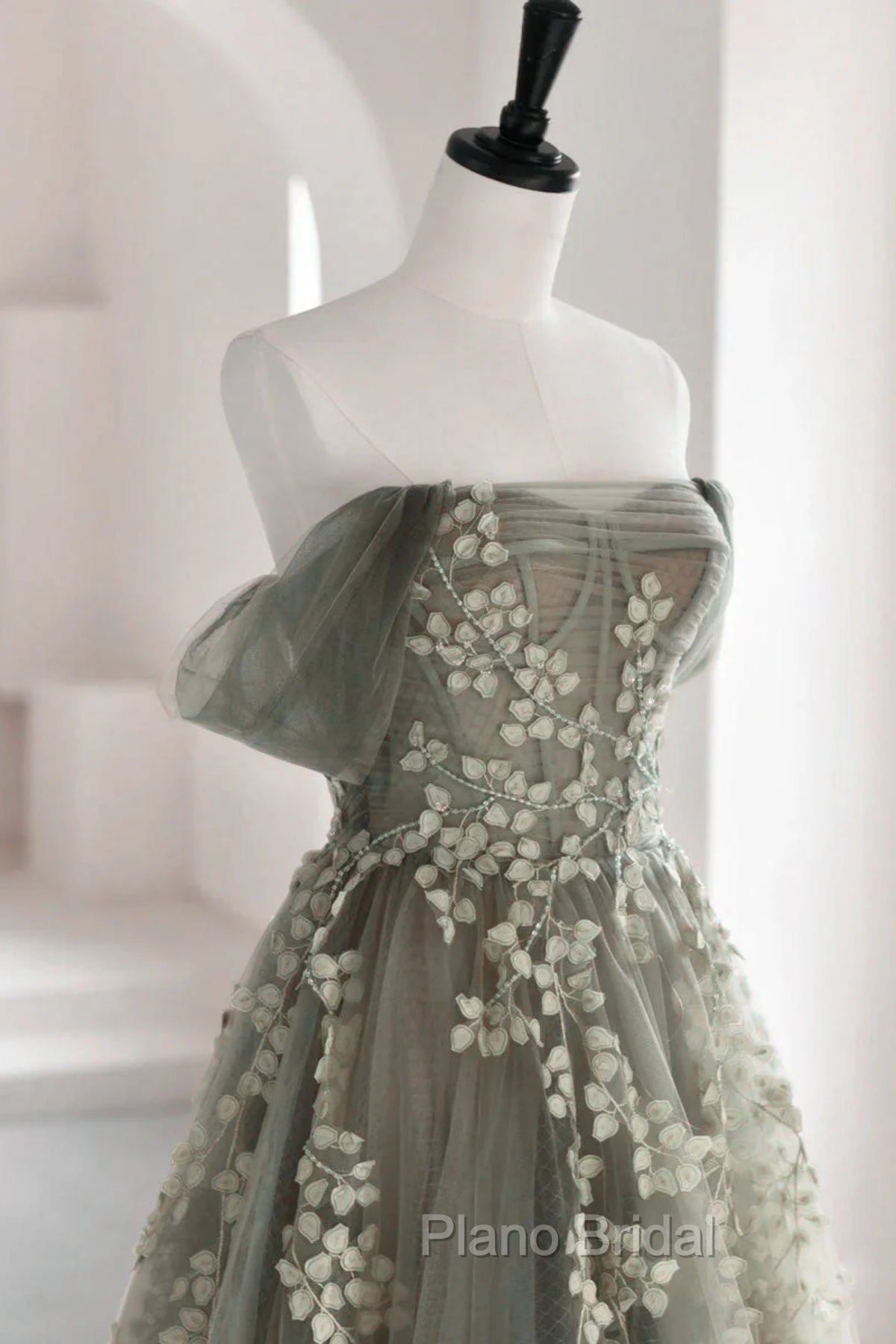 Gray Green Off The Shoulder Tulle Formal Prom Dresses With Appliques Secondary image