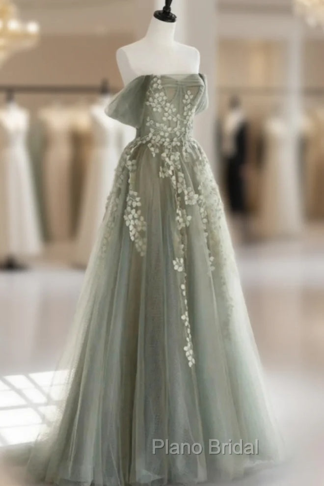 Gray Green Off The Shoulder Tulle Formal Prom Dresses With Appliques