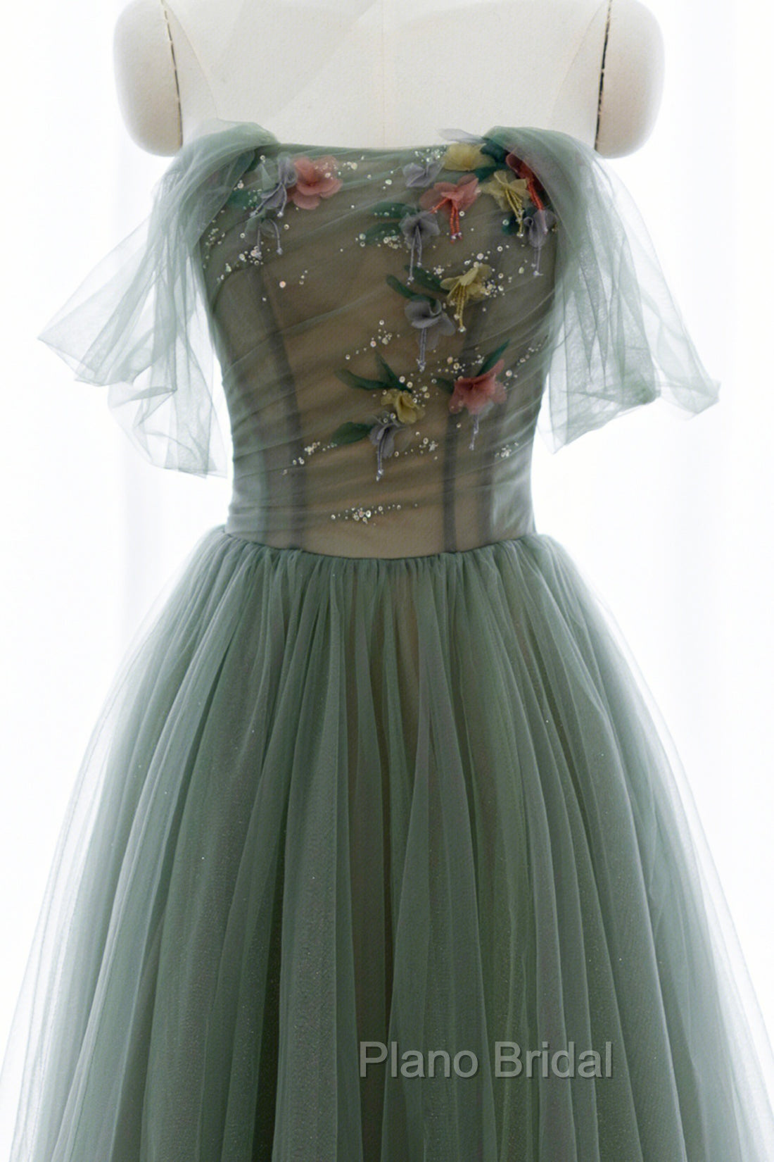 Gray Green Tulle Beaded Long Formal Prom Dresses, A-Line Evening Dresses Secondary image