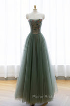 Gray Green Tulle Beaded Long Formal Prom Dresses, A-Line Evening Dresses