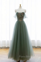 Gray Green Tulle Beaded Long Formal Prom Dresses, A-Line Evening Dresses