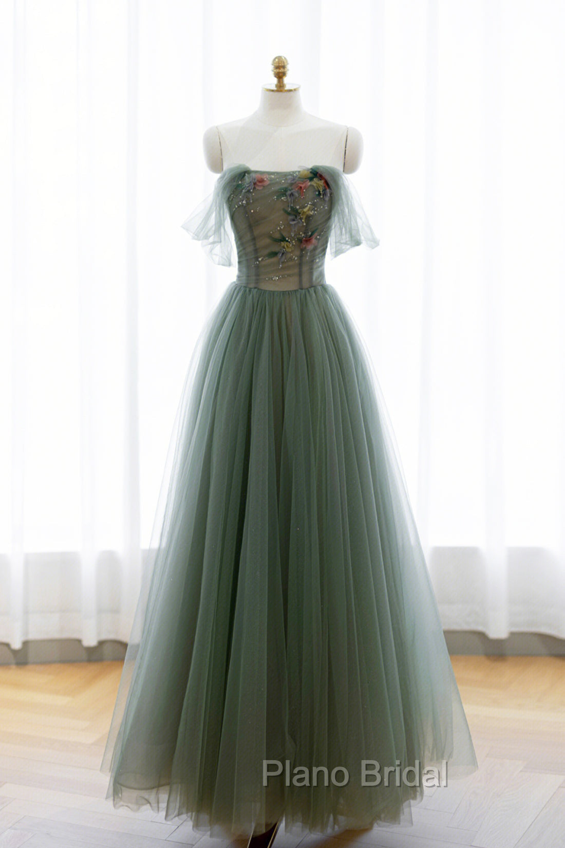 Gray Green Tulle Beaded Long Formal Prom Dresses, A-Line Evening Dresses