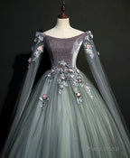 Gray Green Tulle Lace Long Prom Dress Gray Tulle Formal Dress