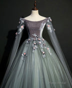 Gray Green Tulle Lace Long Prom Dress Gray Tulle Formal Dress