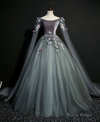 Gray Green Tulle Lace Long Prom Dress Gray Tulle Formal Dress