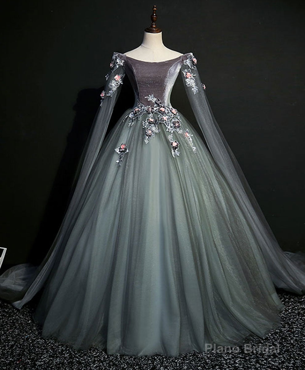 Gray Green Tulle Lace Long Prom Dress Gray Tulle Formal Dress