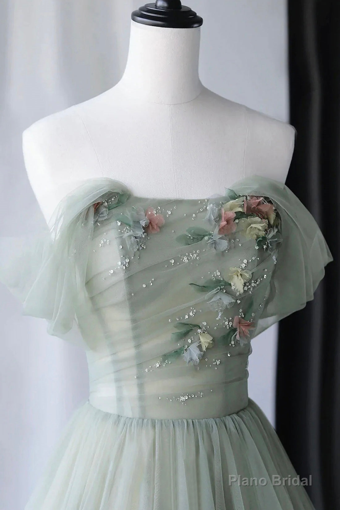 Gray Green Tulle Long Prom Dress, Lovely Off Shoulder A-Line Evening Dress Main image