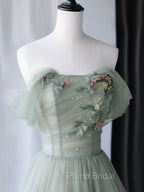 Gray Green Tulle Off Shoulder Long Formal Prom Dresses, Gray Green Formal Graduation Dresses