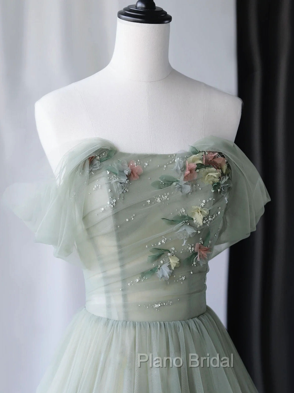 Gray Green Tulle Off Shoulder Long Formal Prom Dresses, Gray Green Formal Graduation Dresses