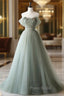 Gray Green Tulle Off Shoulder Long Formal Prom Dresses, Gray Green Formal Graduation Dresses
