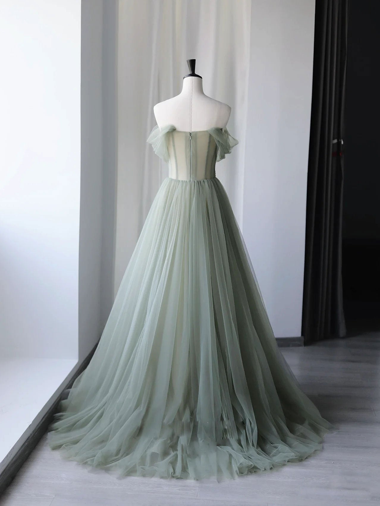 Gray Green Tulle Off Shoulder Long Formal Prom Dresses, Gray Green Formal Graduation Dresses Secondary image