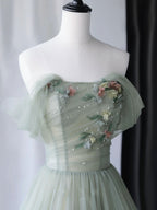 Gray Green Tulle Off Shoulder Long Formal Prom Dresses, Gray Green Formal Graduation Dresses