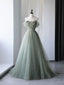 Gray Green Tulle Off Shoulder Long Formal Prom Dresses, Gray Green Formal Graduation Dresses
