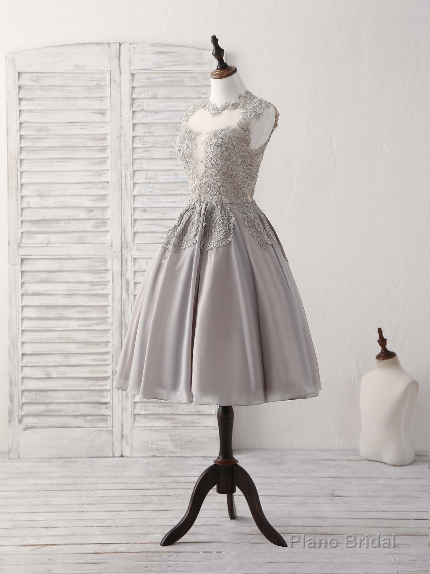 Gray High Neck Lace Chiffon Short Prom Dress Gray Bridesmaid Dress Secondary image